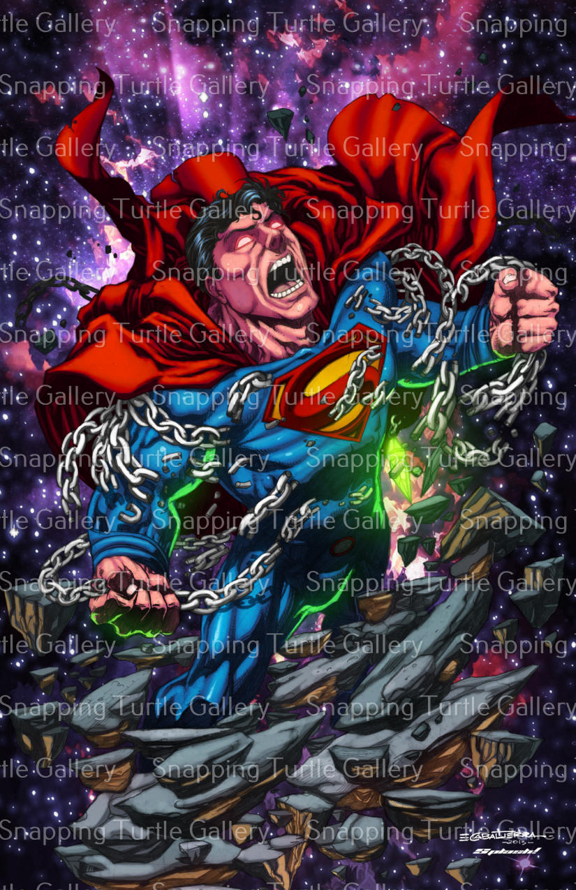"Power Unbound – Superman Wall Art on canvas, acrylic, and metal – Superman in a rage, breaking chains with force and intensity."

