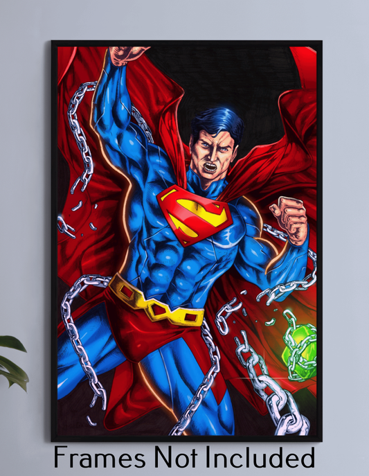 "Unchained Strength – Superman Wall Art on canvas, acrylic, and metal – Superman breaking steel chains with explosive force."

