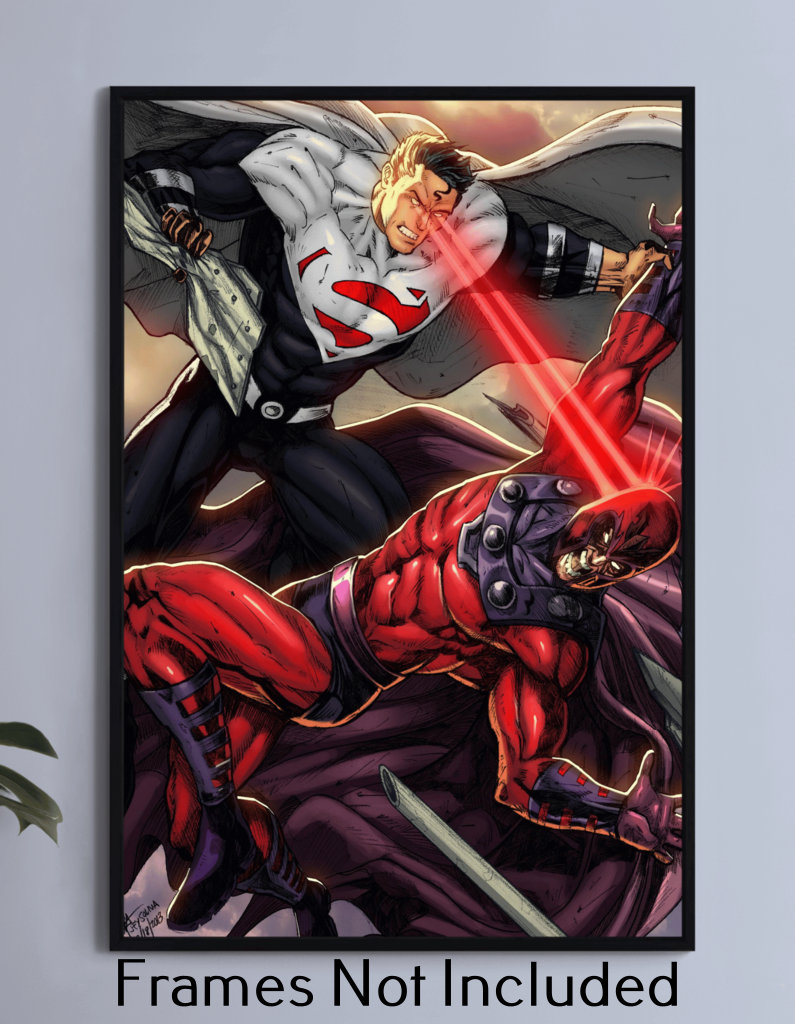 "Clash of Power – Superman vs Magneto Wall Art on canvas, acrylic, and metal – Superman charging Magneto mid-air in a dramatic battle scene."

