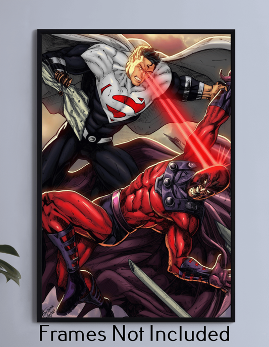 "Clash of Power – Superman vs Magneto Wall Art on canvas, acrylic, and metal – Superman charging Magneto mid-air in a dramatic battle scene."

