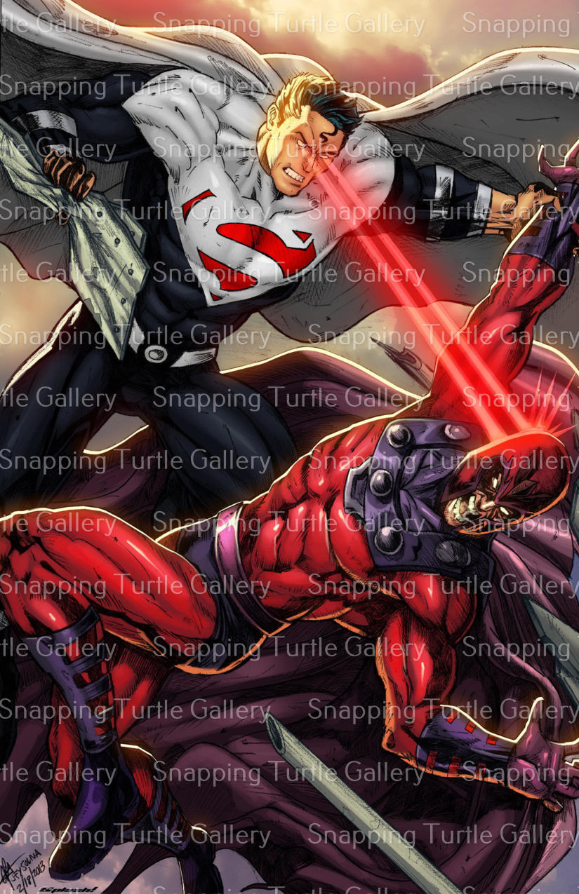 "Clash of Power – Superman vs Magneto Wall Art on canvas, acrylic, and metal – Superman charging Magneto mid-air in a dramatic battle scene."

