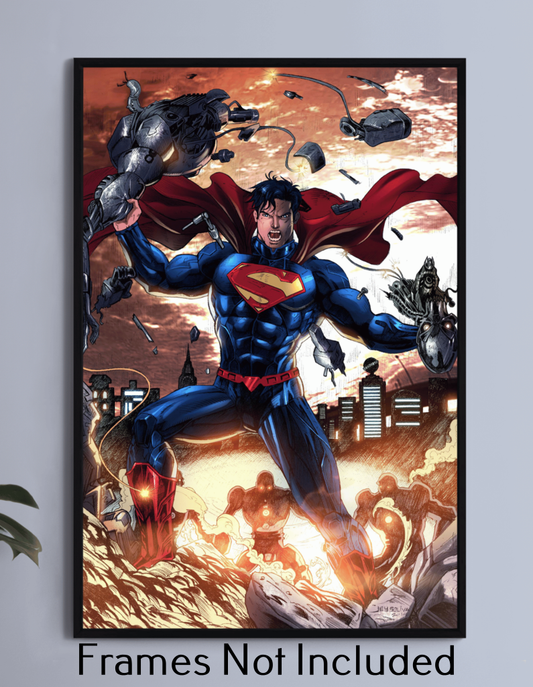 Superman destroying robotic enemies in a battle scene over city skyline, 11x17 superhero wall print

