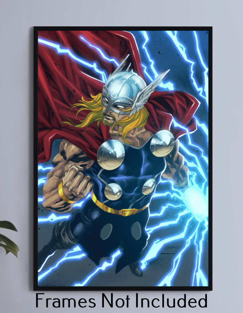 "Godstorm – Thor Wall Art on canvas, acrylic, and metal – Thor raising Mjolnir with lightning striking around him."

