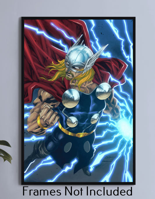 "Godstorm – Thor Wall Art on canvas, acrylic, and metal – Thor raising Mjolnir with lightning striking around him."

