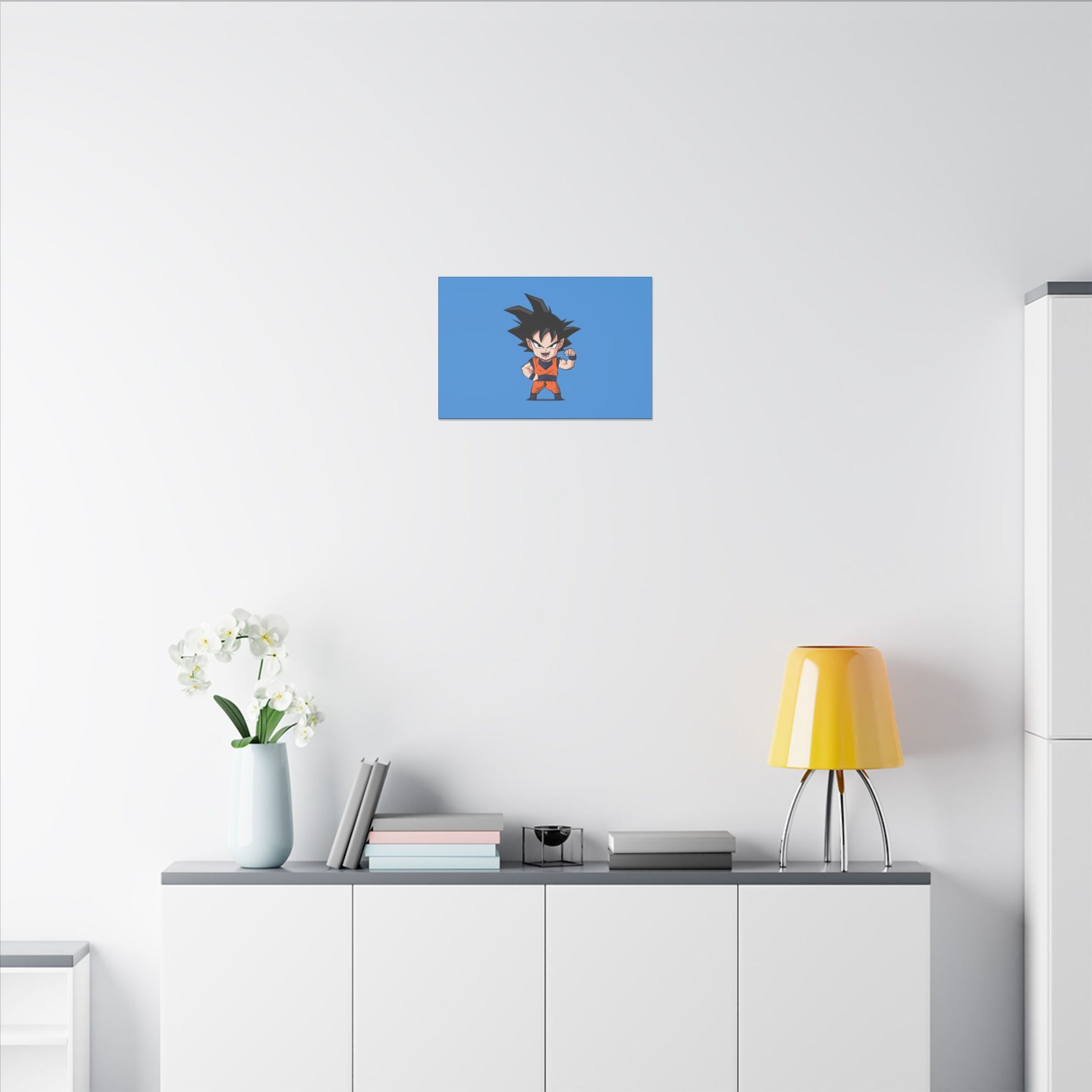 "Chibi Goku Wall Art on canvas, acrylic, and metal – front view featuring adorable chibi Goku"

