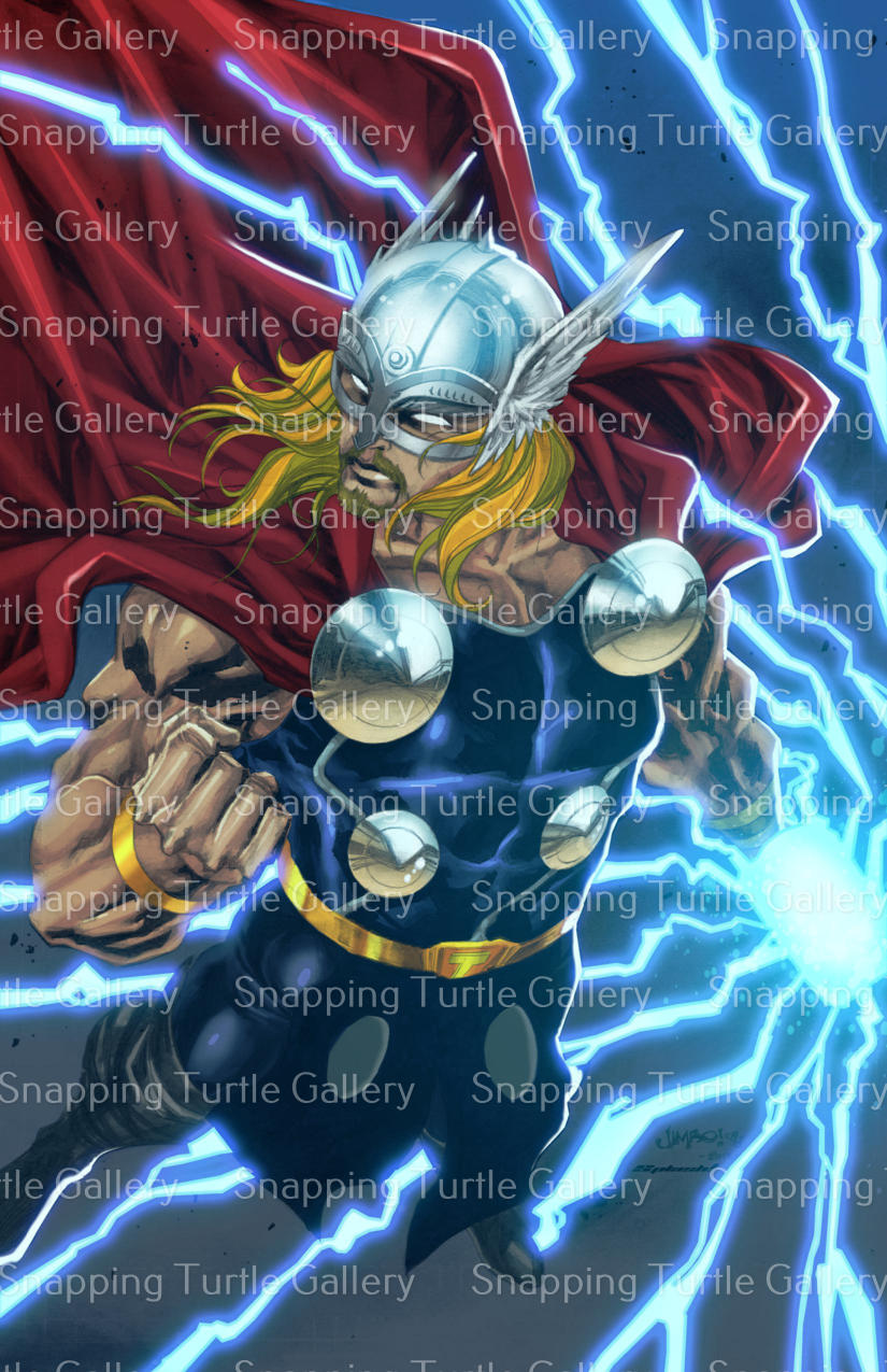"Godstorm – Thor Wall Art on canvas, acrylic, and metal – Thor raising Mjolnir with lightning striking around him."

