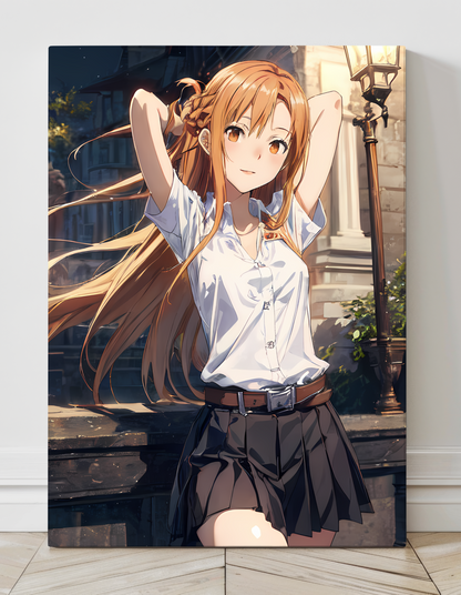 "Asuna Yuuki SAO Wall Art on canvas, acrylic, and metal – front view featuring a detailed anime portrait of Asuna in a seductive stance."
