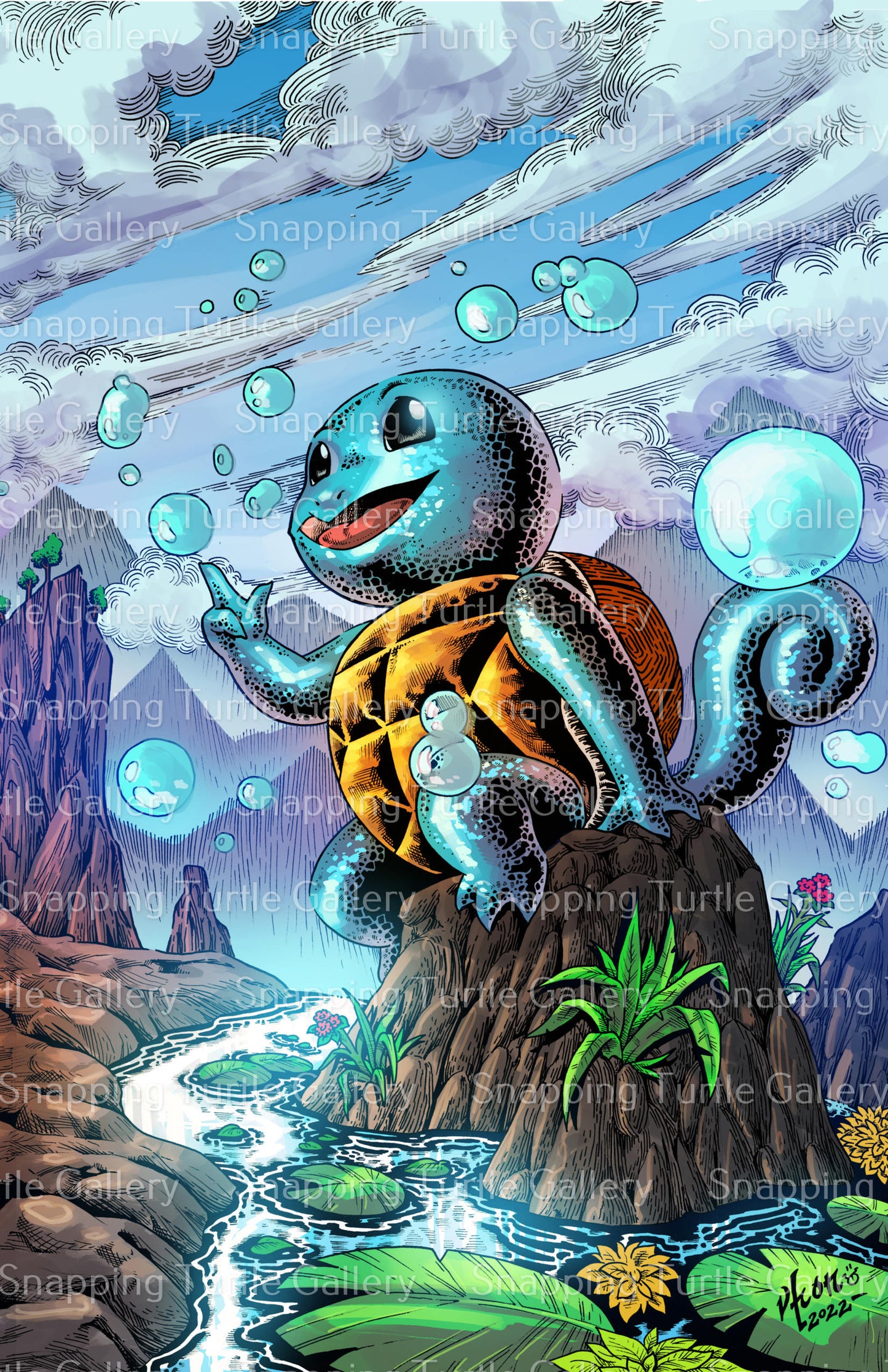 Playful Squirtle art sitting on a rock by stream, 12x18 canvas