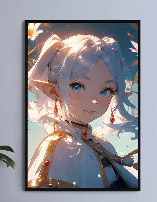 Frieren: Beyond Journey's End Wall Art on canvas, acrylic, and metal – front view featuring a detailed anime portrait of Frieren in her mage attire."