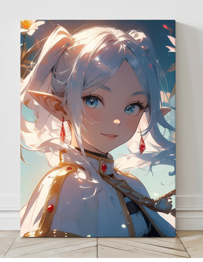 Frieren: Beyond Journey's End Wall Art on canvas, acrylic, and metal – front view featuring a detailed anime portrait of Frieren in her mage attire."