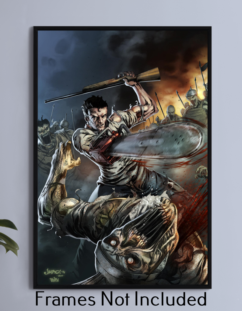 12x18 canvas print of Ash with chainsaw arm cutting into undead in Evil Dead art