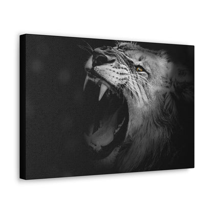 Roaring Legacy – Black and White Lion Wall Art on canvas, acrylic, and metal – front view featuring a fierce lion mid-roar in dramatic monochrome contrast.