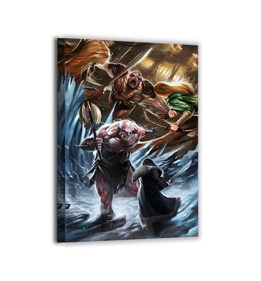 Canvas — cinematic ice-shattering clash; massive orc with axe vs. cloaked hero and archers; rich brushwork and motion by Ceasar.