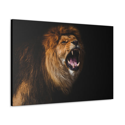 "Roar of the King – Powerful Roaring Lion Wall Art on canvas, acrylic, and metal – front view featuring a fierce roaring lion."

