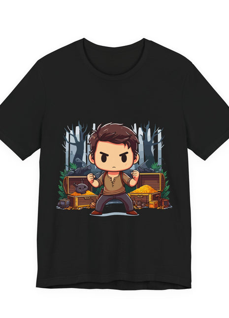 Front of a black graphic T-shirt showing an Uncharted-style chibi explorer between open gold-filled treasure chests and pale woodland tree trunks.