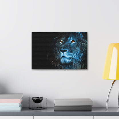"Azure Majesty – Blue Line Art Lion Wall Print on canvas, acrylic, and metal – front view featuring a striking lion composed of bold blue lines."

