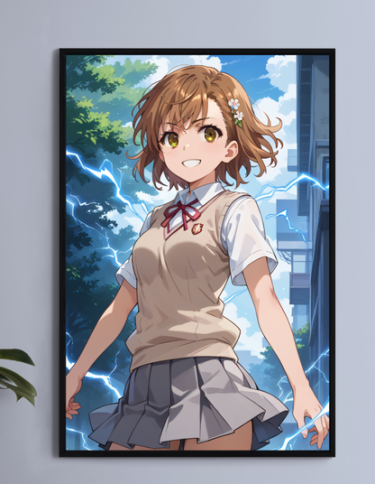 Mikoto Misaka Wall Art on canvas, acrylic, and metal – front view featuring a detailed anime portrait of Mikoto in her school uniform.
