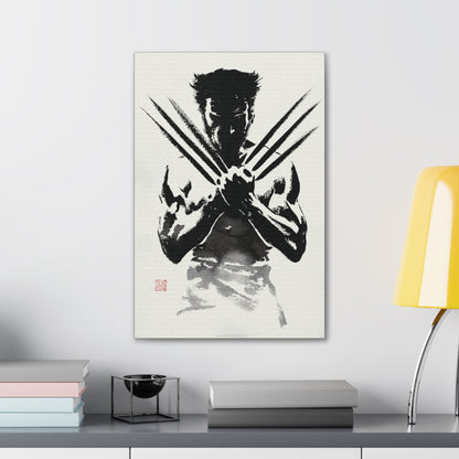 "Samurai Spirit – Black & White Japanese Watercolor Wolverine Wall Art on canvas, acrylic, and metal – front view featuring Wolverine in an ink-wash samurai stance."
