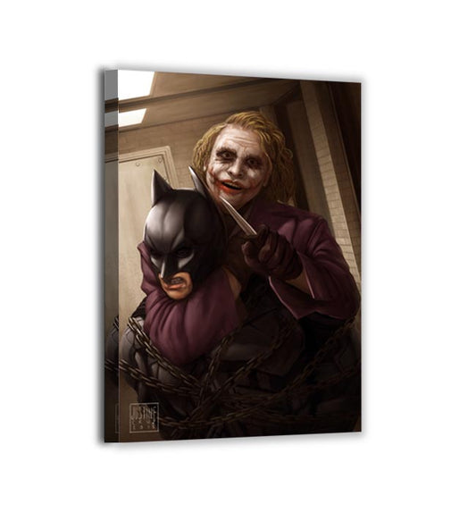 Alt: Batman and Joker in Chains of Chaos, gallery-wrapped canvas, ready to hang, art by Justine Cruz.