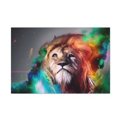 Prismatic King – Multicolor Mane Lion Wall Art on canvas, acrylic, and metal – front view featuring a vibrant, artistic lion with a colorful mane.