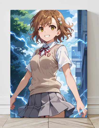 Mikoto Misaka Wall Art on canvas, acrylic, and metal – front view featuring a detailed anime portrait of Mikoto in her school uniform.