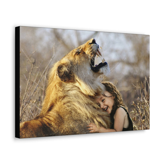 "Guardian’s Embrace – Lion and Little Girl Wall Art on canvas, acrylic, and metal – front view featuring a heartwarming embrace between a lion and child."

