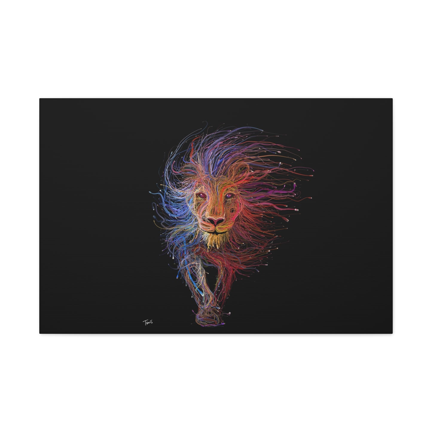 "Spectrum King – Vibrant Line Art Lion Wall Print on canvas, acrylic, and metal – front view featuring a colorful abstract lion shape."
