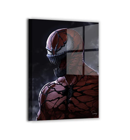 Carnage Marvel villain portrait, durable metal print by Sam Dela Torre, crisp finish.