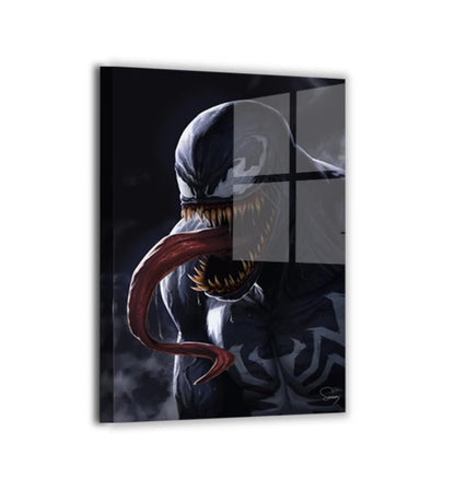 Venom Marvel villain portrait, durable metal print by Sam Dela Torre, crisp finish.
