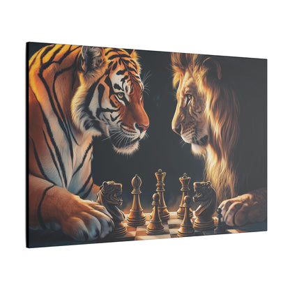"Lion & Tiger Playing Chess Wall Art on canvas, acrylic, and metal – front view of symbolic wildlife strategy"
