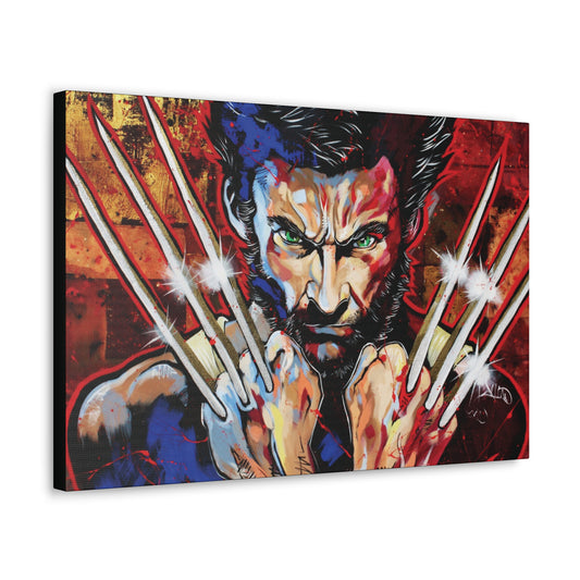"Berserker Brilliance – Vibrant Wolverine Claws Out Wall Art on canvas, acrylic, and metal – front view featuring Wolverine in a dynamic, colorful stance."