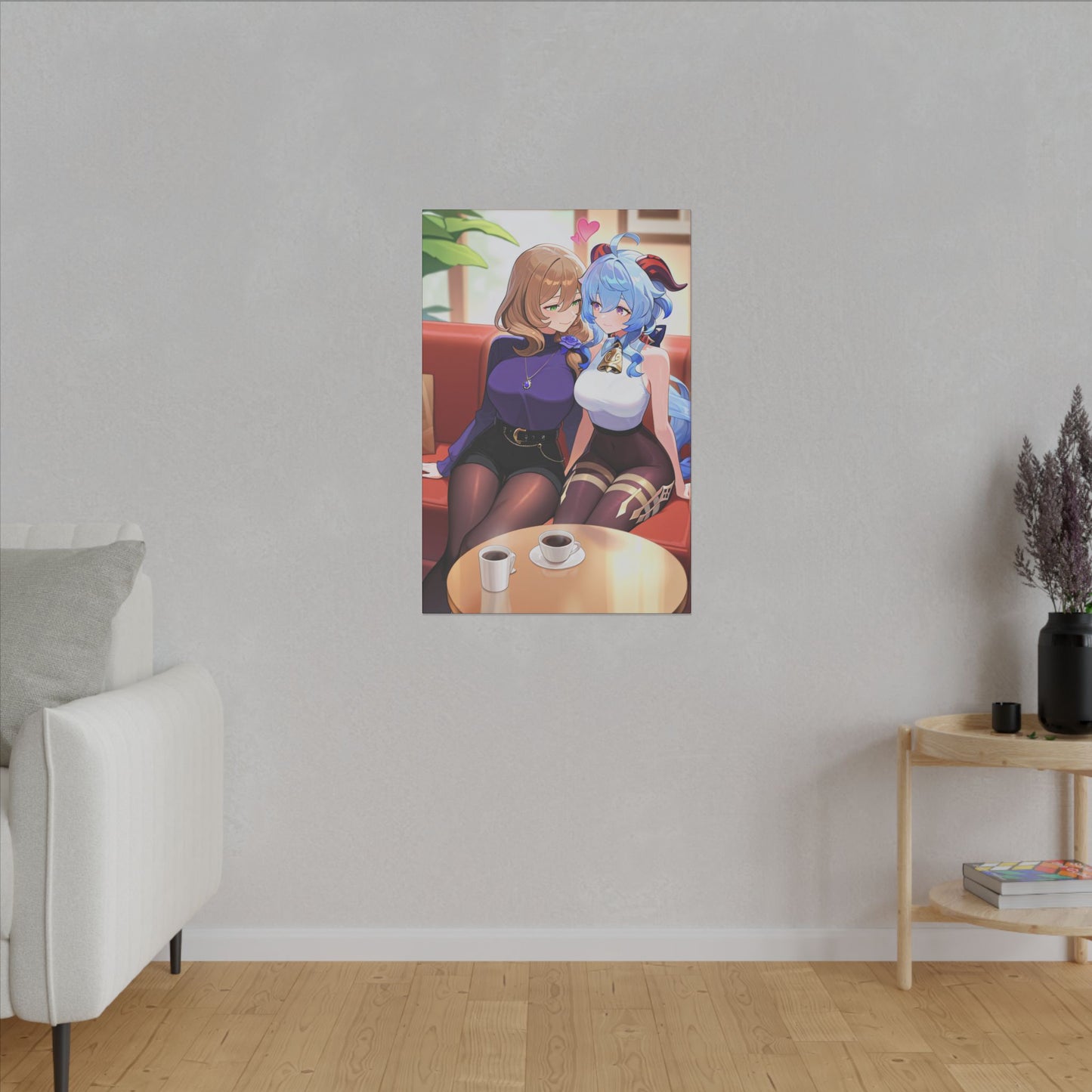 Lisa & Ganyu Café Wall Art on premium canvas, acrylic, and metal – front view featuring Lisa and Ganyu from Genshin Impact