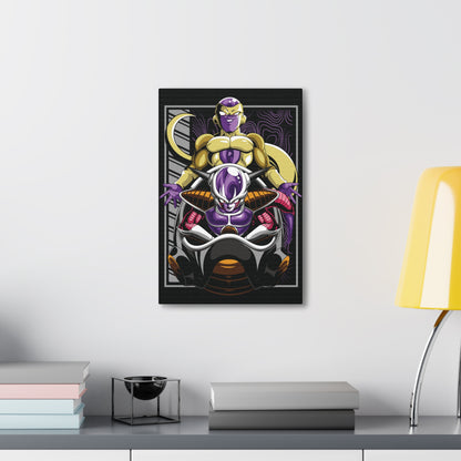 "Dual Power – Golden Freeza & Freeza in Throne Wall Art on canvas, acrylic, and metal – featuring both Freeza’s golden transformation and his classic form in his chair."
