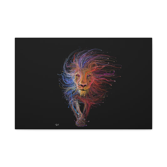 "Spectrum King – Vibrant Line Art Lion Wall Print on canvas, acrylic, and metal – front view featuring a colorful abstract lion shape."