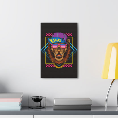 "Neon Lion with Hat & Shades Wall Art on canvas, acrylic, and metal – front view featuring electric neon colors and street-style lion design"
