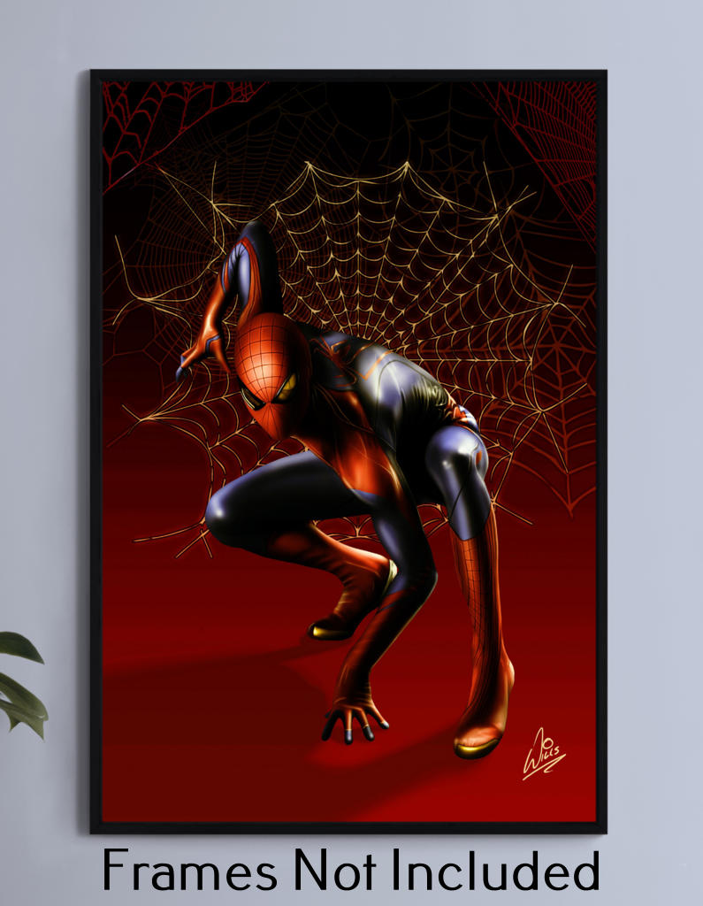 "Web of Tomorrow – Tom Holland Spider-Man Wall Art on canvas, acrylic, and metal – Spider-Man in red and black MCU suit, mid-swing pose."

