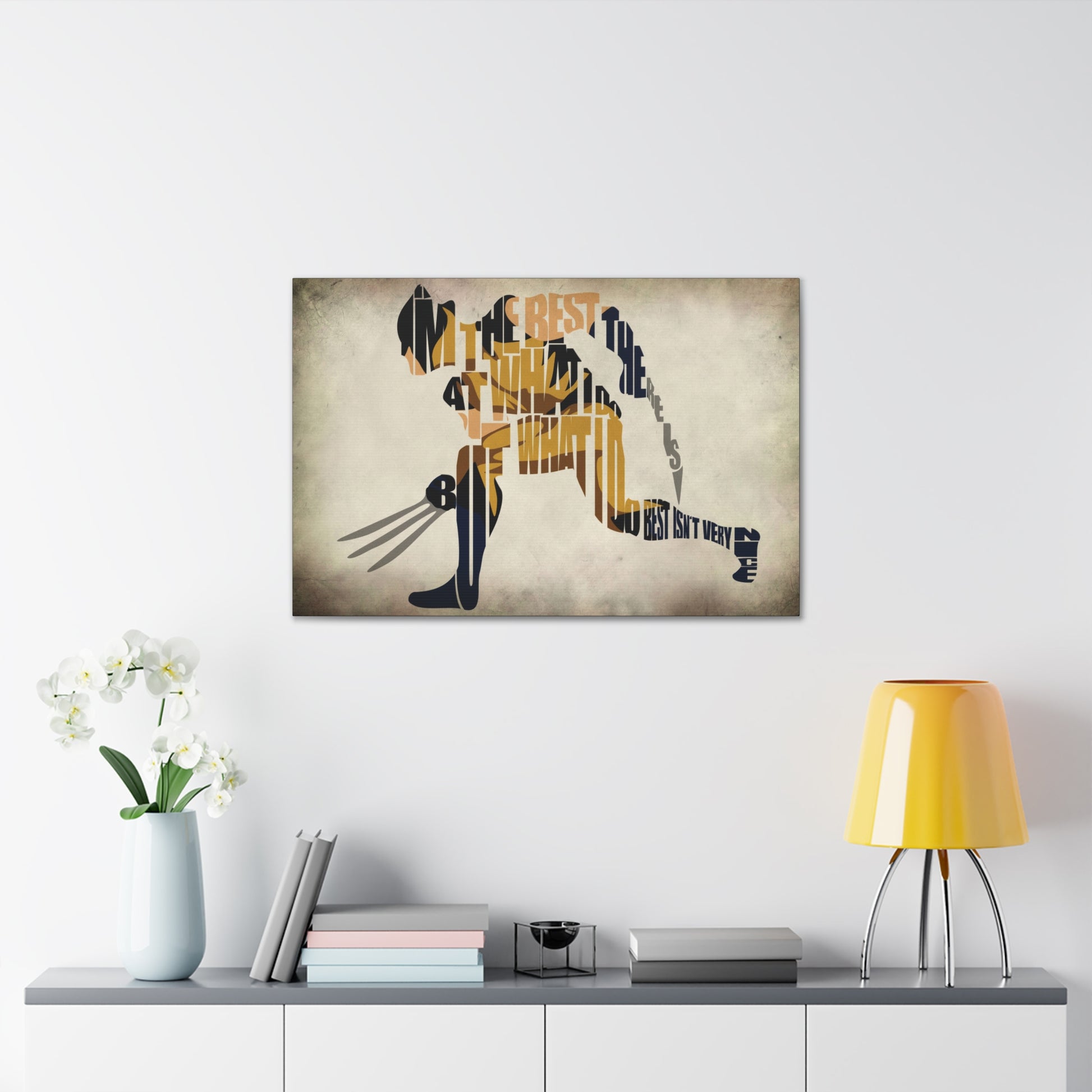 "Wordsmith Warrior – Wolverine Typography Art on canvas, acrylic, and metal – front view featuring Wolverine’s silhouette created entirely from his iconic catchphrase."
