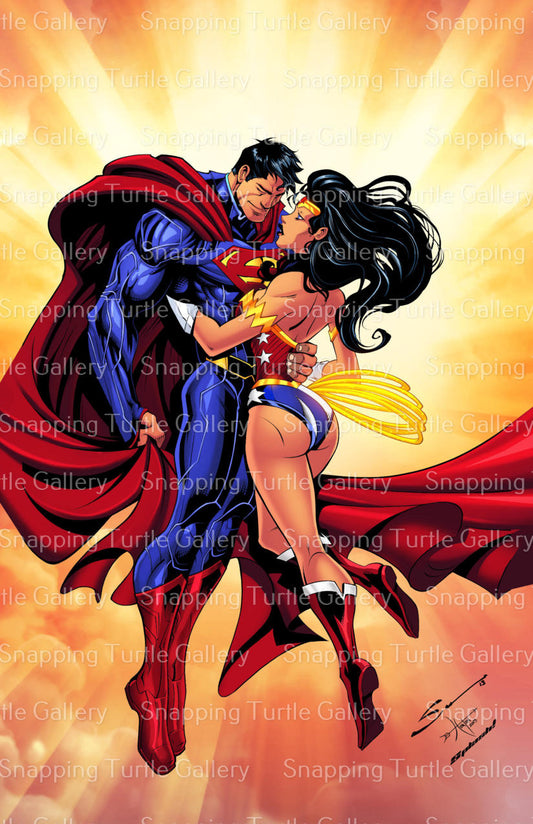 "Skybound Embrace – Superman and Wonder Woman Wall Art on canvas, acrylic, and metal – romantic superhero moment floating in the sky."


