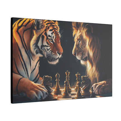 "Lion & Tiger Playing Chess Wall Art on canvas, acrylic, and metal – front view of symbolic wildlife strategy"
