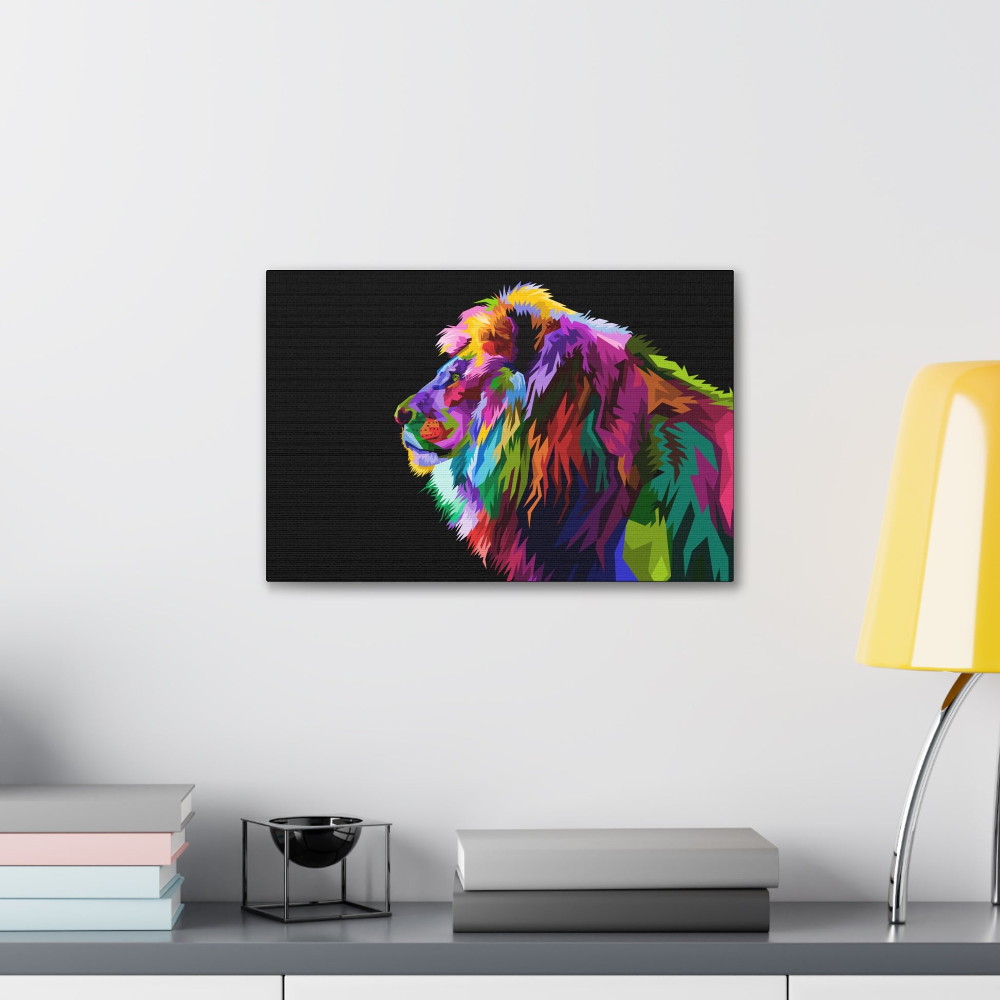 "Prismatic King – Multicolored Lion Wall Art on canvas, acrylic, and metal – front view featuring a vibrant and abstract lion portrait."
