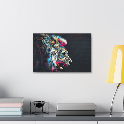"Fury of the Wild – Colorful Snarling Lion Wall Art on canvas, acrylic, and metal – front view featuring a fierce, neon-colored lion baring its teeth."
