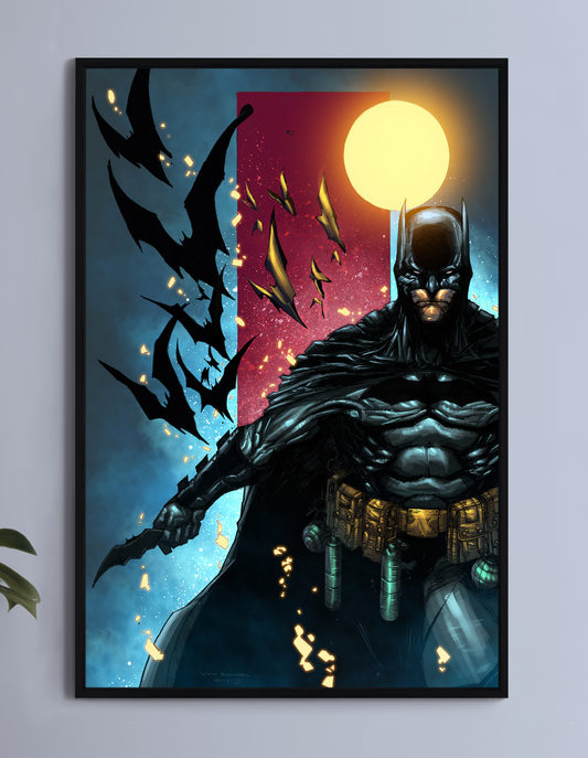 Poster print of Batman reaching forward with bats and batarangs flying under a glowing moon  
