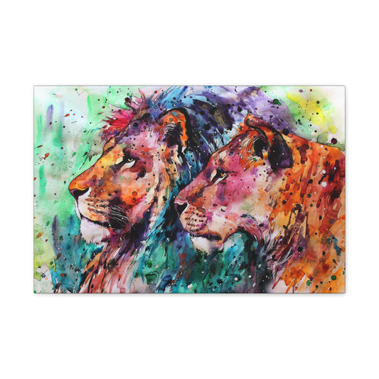 "Royal Bond – Vibrant Male & Female Lion Wall Art on canvas, acrylic, and metal – front view featuring a beautifully colored lion and lioness."