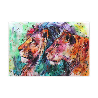 "Royal Bond – Vibrant Male & Female Lion Wall Art on canvas, acrylic, and metal – front view featuring a beautifully colored lion and lioness."
