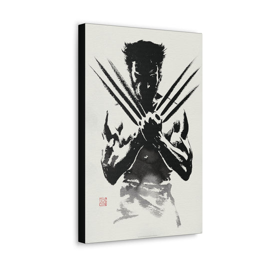 "Samurai Spirit – Black & White Japanese Watercolor Wolverine Wall Art on canvas, acrylic, and metal – front view featuring Wolverine in an ink-wash samurai stance."
