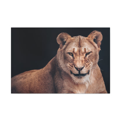 "Queen of the Wild – Female Lion Wall Art on canvas, acrylic, and metal – front view featuring a strong and majestic lioness."
