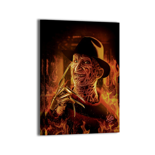 "Dream Reaper – Freddy Krueger Wall Art on canvas, acrylic, and metal – Freddy with clawed glove and fedora in a dark, ominous scene."