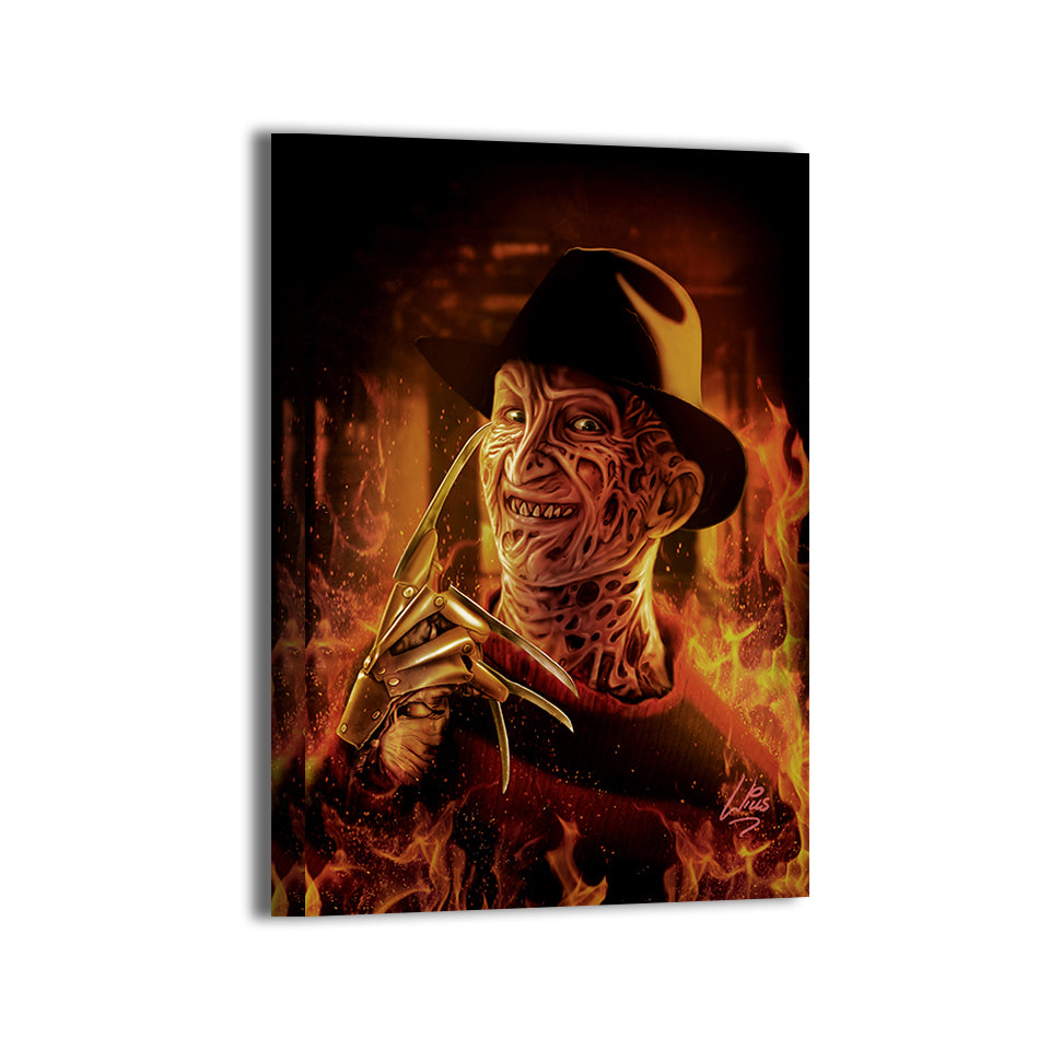 "Dream Reaper – Freddy Krueger Wall Art on canvas, acrylic, and metal – Freddy with clawed glove and fedora in a dark, ominous scene."

