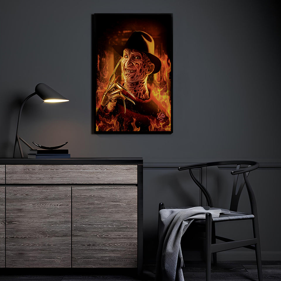 "Dream Reaper – Freddy Krueger Wall Art on canvas, acrylic, and metal – Freddy with clawed glove and fedora in a dark, ominous scene."

