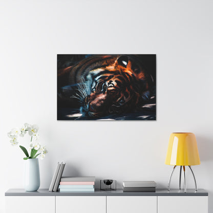Resting Power – Tiger Laying Down Wall Art on canvas, acrylic, and metal – front view featuring a calm yet powerful tiger in repose.